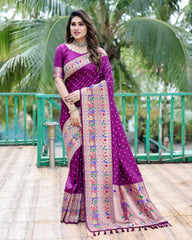 Premium Bandhej Paithani Silk Saree with Zari Weaving, Rich Pallu & Matching Blouse – Elegant and Comfortable Designer Drapes.