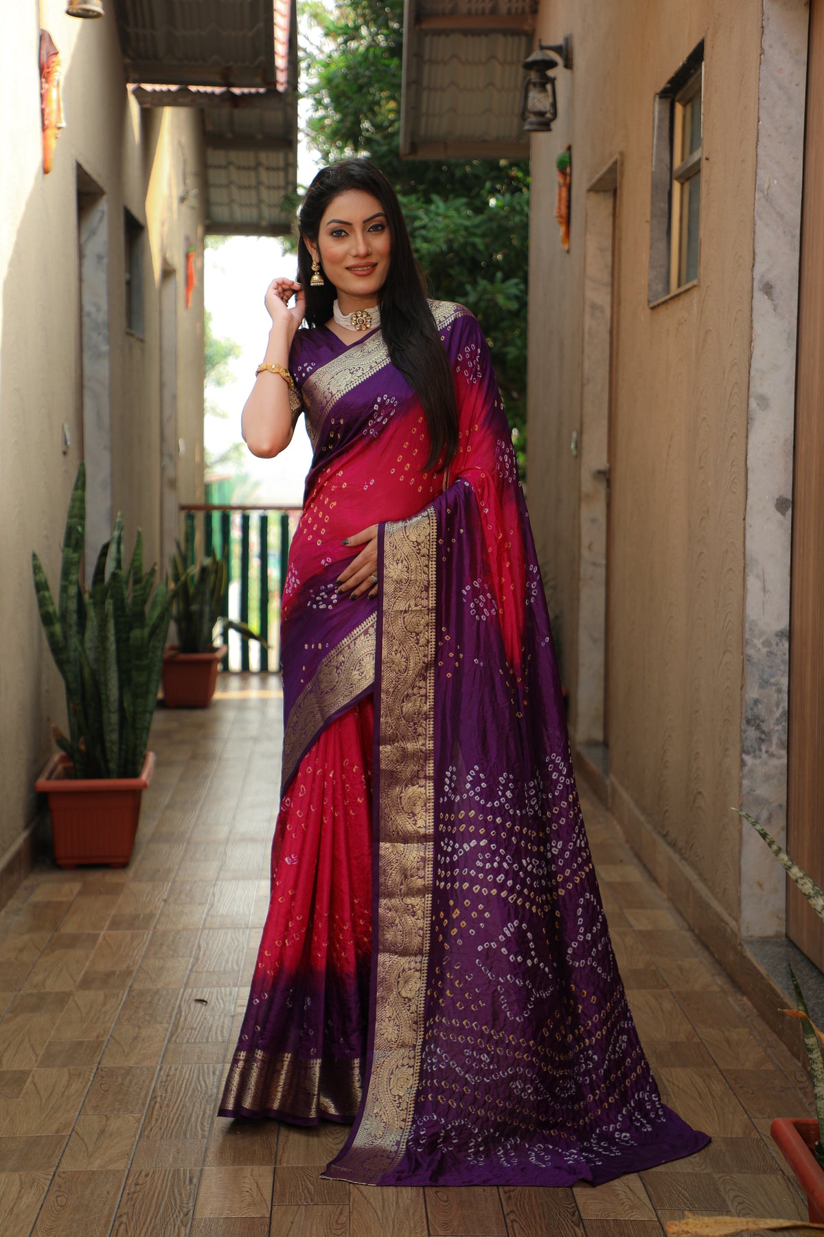 Purple Dual Color Bandhej Tapeta Silk Saree