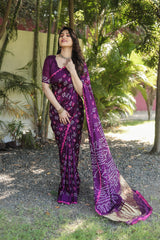 Purple Bandhej Silk Saree with Zari