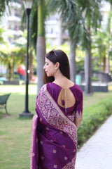 Purple Bangalore Handloom Raw Silk Saree with Running Blouse