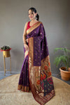 Purple Color Paithani Silk Saree with Rich Contrast Weaving Pallu, Border & Beautiful Buttis | Conceptual Brocade Unstitched Blouse Piece Included.