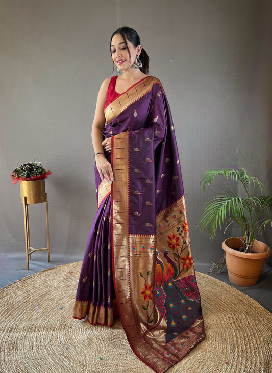 Purple Color Paithani Silk Saree with Contrast Weaving Pallu