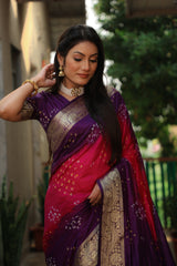 Purple Dual Color Bandhej Tapeta Silk Saree