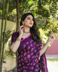 Luxurious Purple Bandhej Silk Saree with Zari Weaving and Rich Tissue Pallu – Elegant Bandhej Border & Matching Blouse.