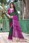 Premium Purple Pure Bandhej Silk Saree with Zari Weaving, Rich Tissue Pallu & Unstitched Blouse Piece.