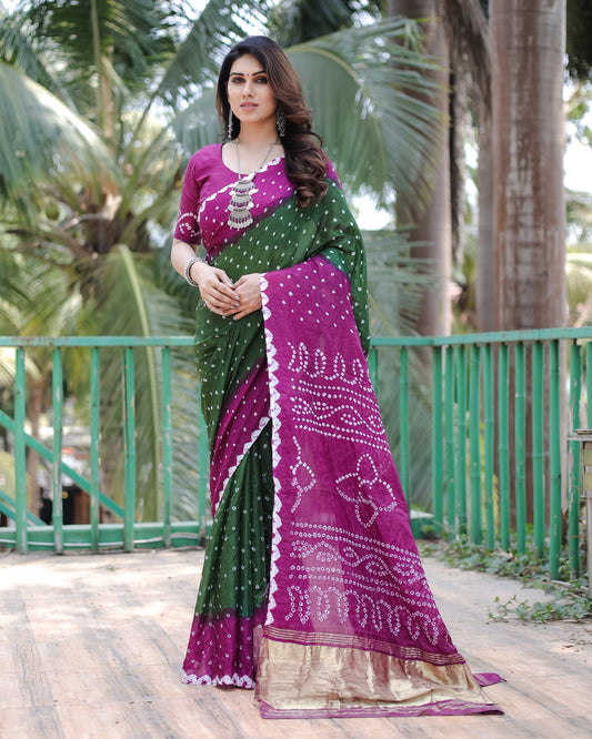 Purple Pure Bandhej Silk Saree With Tissue Pallu