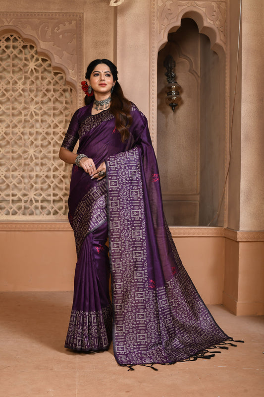 Purple Color Bangalore Handloom Raw Silk Saree