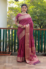 Elegant Purple Handloom Silk Bandhej Patola Sarees with Kanchi Borders & Unstitched Blouse.