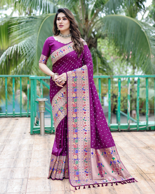 Premium Bandhej Paithani Silk Saree with Zari Weaving, Rich Pallu & Matching Blouse – Elegant and Comfortable Designer Drapes.