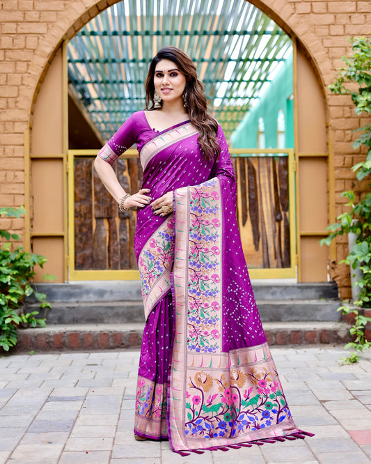 Purple Bandhej Paithani Silk Saree and Matching Blouse