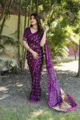 Purple Bandhej Silk Saree with Zari