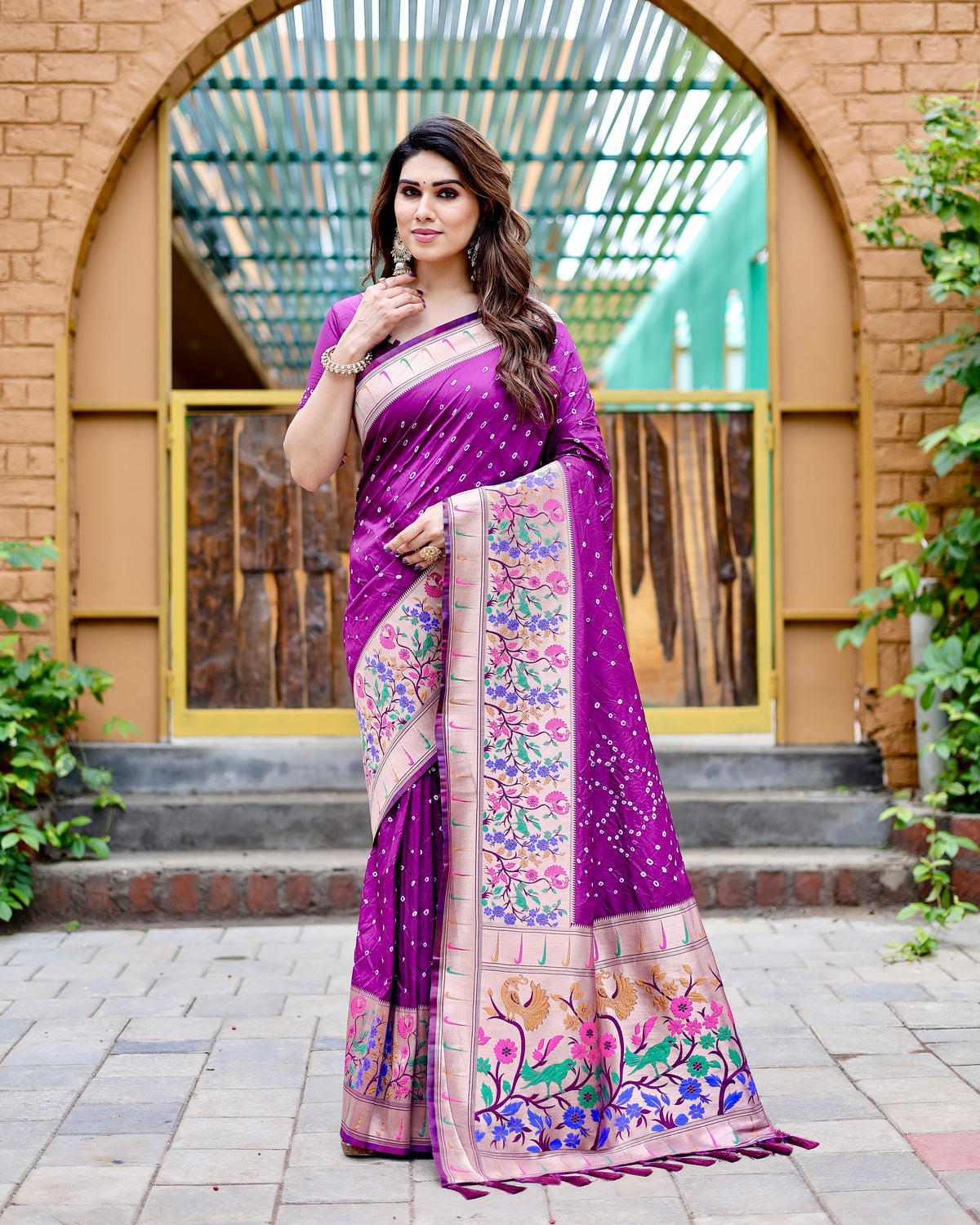 Purple Bandhej Paithani Silk Saree and Matching Blouse