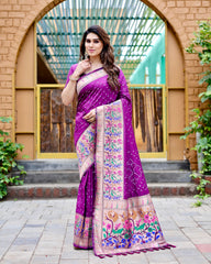 Premium Purple Bandhej Paithani Silk Saree – High Quality, Stylish Design with Zari Weaving, Paithani Border, Rich Pallu, and Matching Blouse.