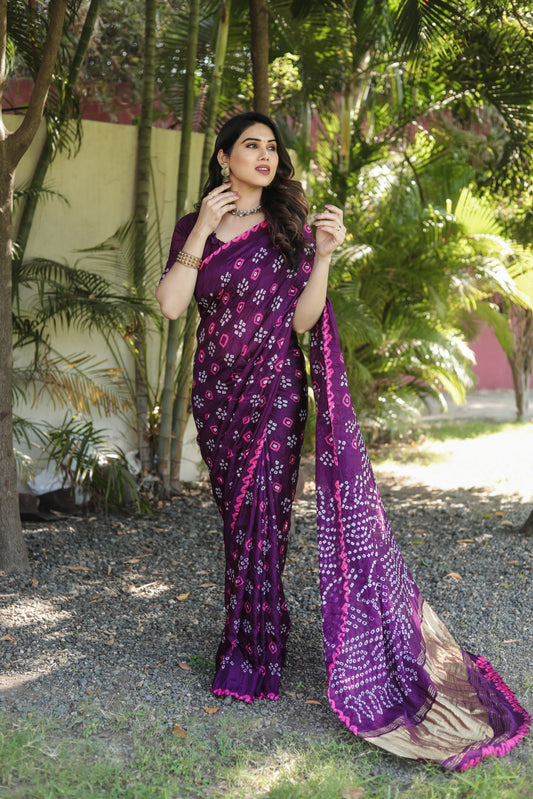 Purple Bandhej Silk Saree with Zari