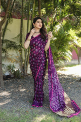 Luxurious Purple Bandhej Silk Saree with Zari Weaving and Rich Tissue Pallu – Elegant Bandhej Border & Matching Blouse.