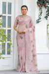 Peach Pure Shiny Zari Chiffon Saree with Intricate Cutwork and Embroidery