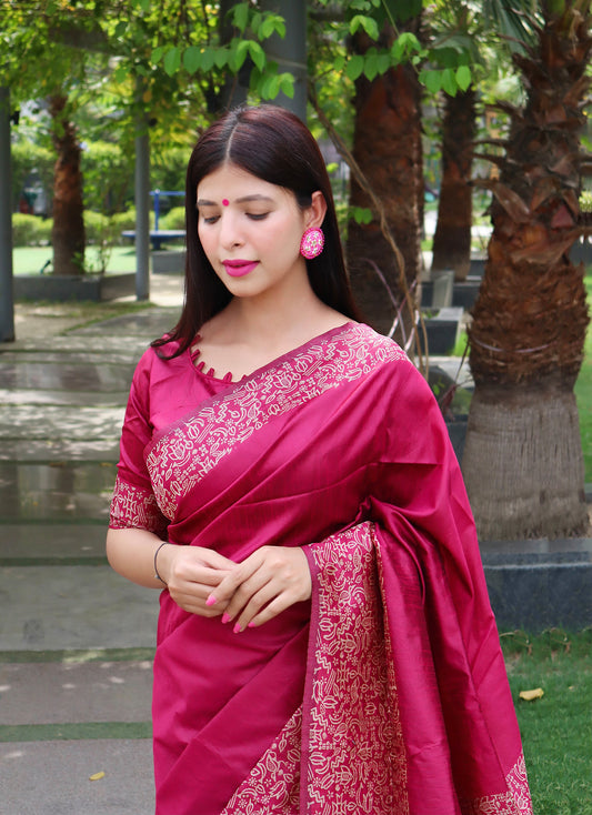 Pink Kalamkari Bangalori Handloom Raw Silk Weaving Saree