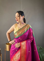 Pink Elegant Paithani Weaving Saree with Ganga Jamuna Border: Rich Pallu, All-Over Buttis & Unstitched Blouse Piece.