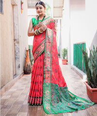 Elegant Pink Patola Silk Saree with Meenakari Weaving, Rich Pallu & Contrast Brocade Fancy Unstitched Blouse | Premium Silk Saree Collection.