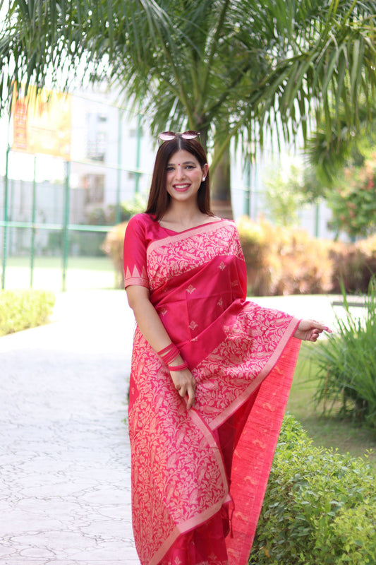 Pink Bangalore Handloom Raw Silk Saree with Running Blouse