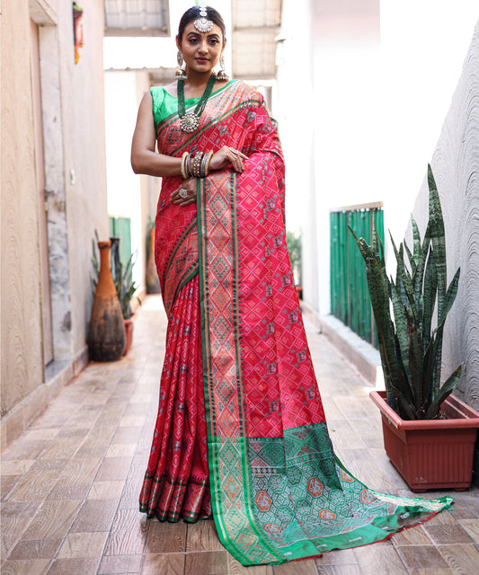 Soft Elegant Pink Patola Silk Saree with All-Over Meenakari Weaving, Rich Pallu & Beautiful Contrast Brocade | Fancy Unstitched Blouse.