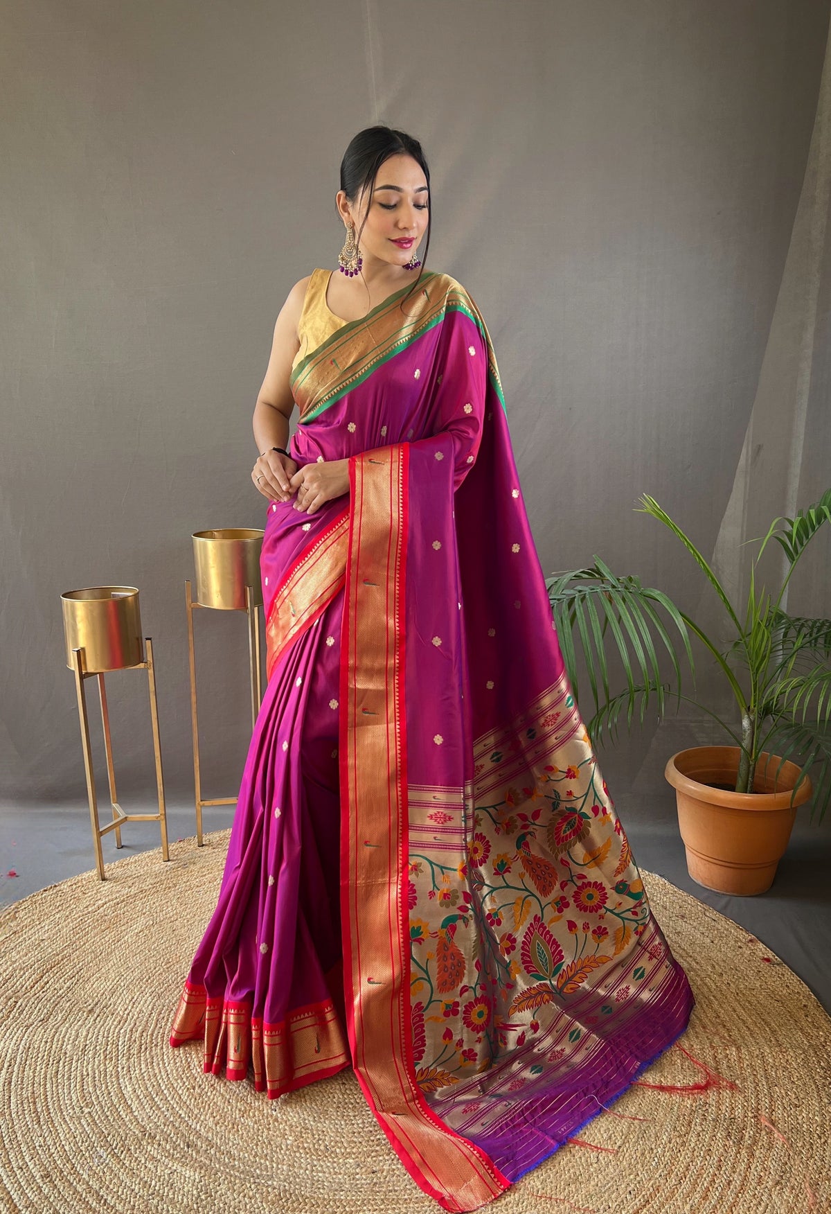 Pink Elegant Paithani Weaving Saree with Ganga Jamuna Border: Rich Pallu, All-Over Buttis & Unstitched Blouse Piece.