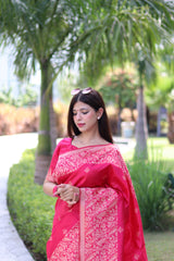 Pink Bangalore Handloom Raw Silk Saree with Running Blouse