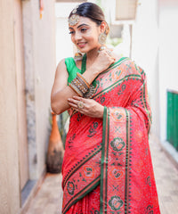 Elegant Pink Patola Silk Saree with Meenakari Weaving, Rich Pallu & Contrast Brocade Fancy Unstitched Blouse | Premium Silk Saree Collection.