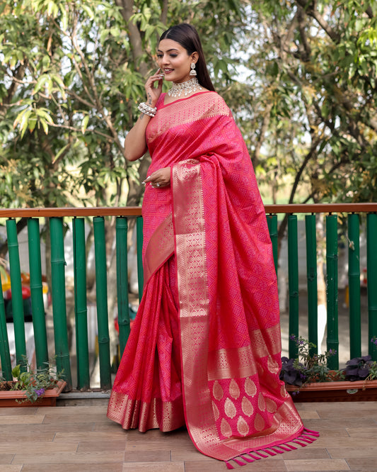 Exquisite Pink Pure Silk Bandhej Patola Sarees Featuring Rich Zari Weaving and Contrasting Borders With Unstitched Blouse Piece.