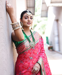 Soft Elegant Pink Patola Silk Saree with All-Over Meenakari Weaving, Rich Pallu & Beautiful Contrast Brocade | Fancy Unstitched Blouse.