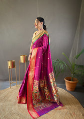 Pink Elegant Paithani Weaving Saree with Ganga Jamuna Border: Rich Pallu, All-Over Buttis & Unstitched Blouse Piece.