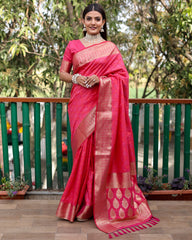 Exquisite Pink Pure Silk Bandhej Patola Sarees Featuring Rich Zari Weaving and Contrasting Borders With Unstitched Blouse Piece.