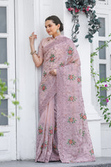 pink Pure Shiny Zari Chiffon Saree with Intricate Cutwork and Embroidery