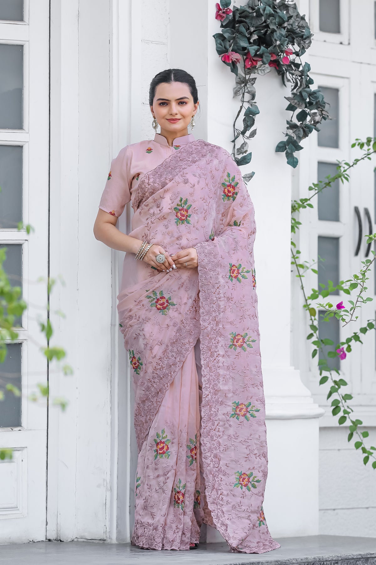 pink Pure Shiny Zari Chiffon Saree with Intricate Cutwork and Embroidery