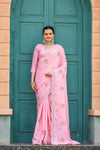 Pink Tussar Cotton Saree with Floral Sequins Embroidery