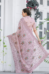 pink Pure Shiny Zari Chiffon Saree with Intricate Cutwork and Embroidery