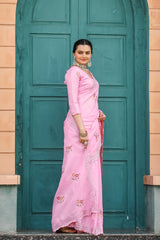 Pink Tussar Cotton Saree with Floral Sequins Embroidery