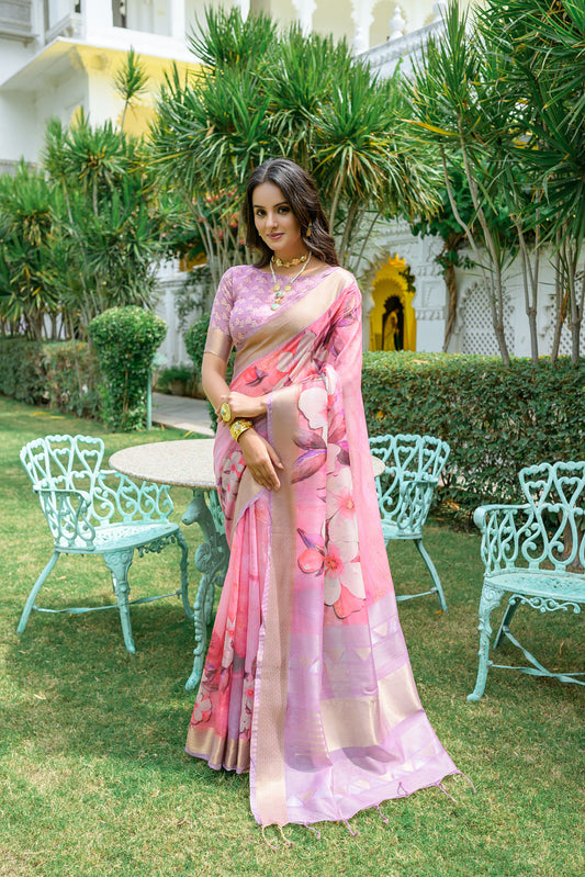 Pink Linen Cotton Saree