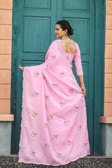 Pink Tussar Cotton Saree with Floral Sequins Embroidery