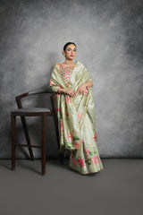 Pista Color Tussar Silk Saree with Stunning Lotus Pichwai Print