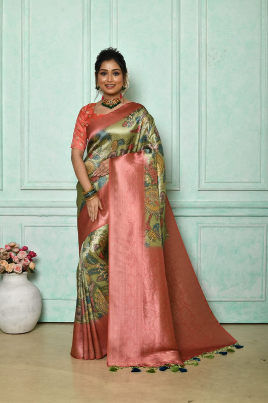 Pista Soft Silk Saree with Kalamkari Prints