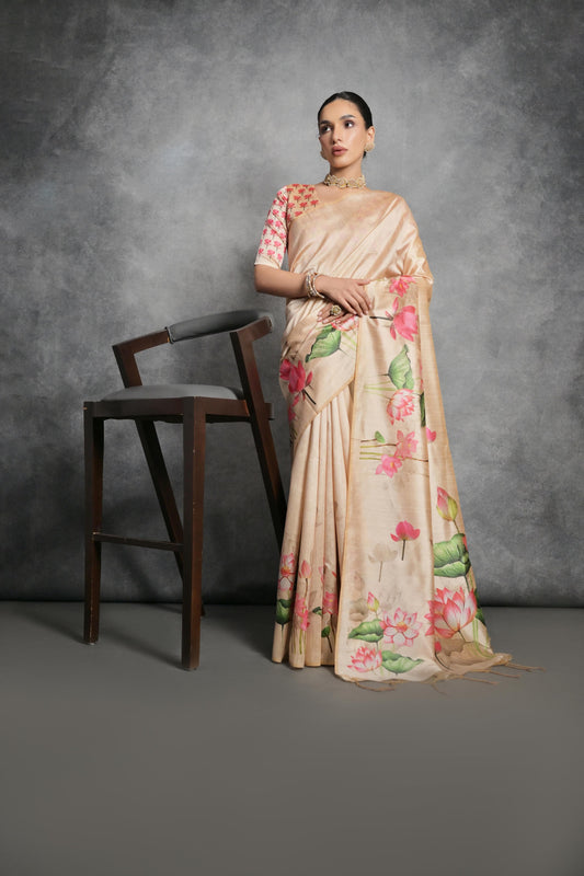 Exquisite Pista Color Tussar Silk Saree with Stunning Lotus Pichwai Print - A Blend of Traditional Elegance and Modern Floral Design.