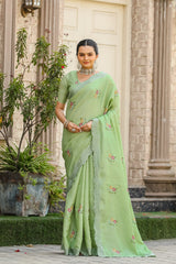 Pista Tussar Cotton Saree with Floral Sequins Embroidery