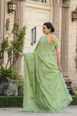 Pista Tussar Cotton Saree with Floral Sequins Embroidery