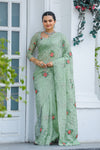 Pista Pure Shiny Zari Chiffon Saree with Intricate Cutwork and Embroidery