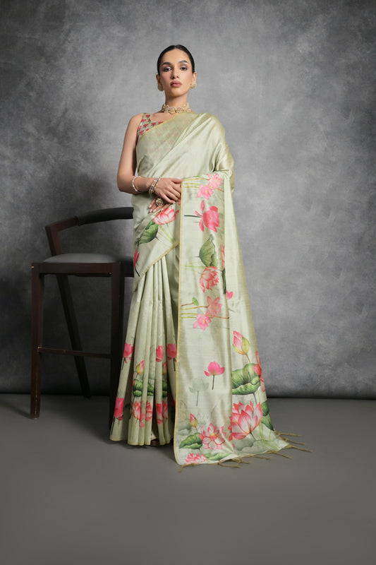 Exquisite Pista Color Tussar Silk Saree with Stunning Lotus Pichwai Print - A Blend of Traditional Elegance and Modern Floral Design.