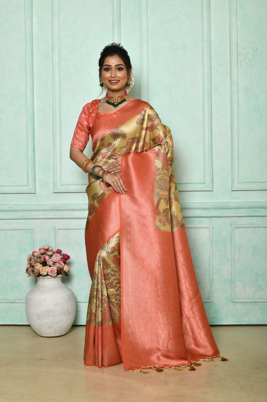 Pista Soft Silk Saree with Kalamkari Prints