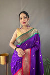 Purple Elegant Paithani Weaving Saree with Ganga Jamuna Border: Rich Pallu, All-Over Buttis & Unstitched Blouse Piece.