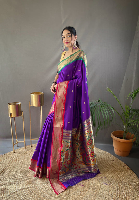 Purple Paithani Weaving Saree with Ganga Jamuna Border