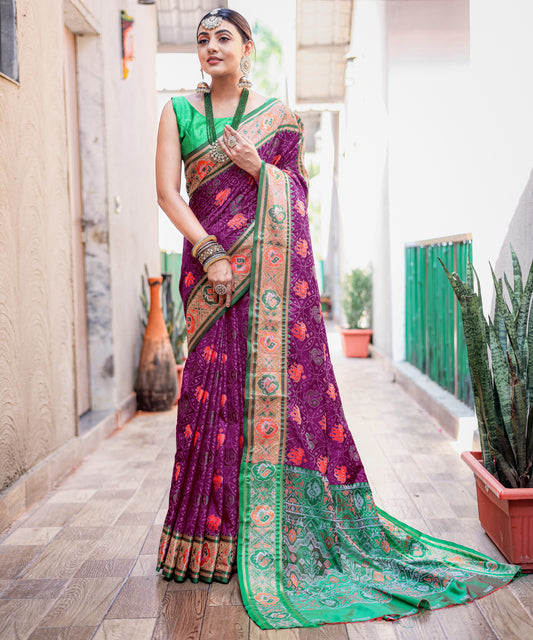 Elegant Purple Patola Silk Saree with Meenakari Weaving, Rich Pallu & Contrast Brocade Fancy Unstitched Blouse | Premium Silk Saree Collection.